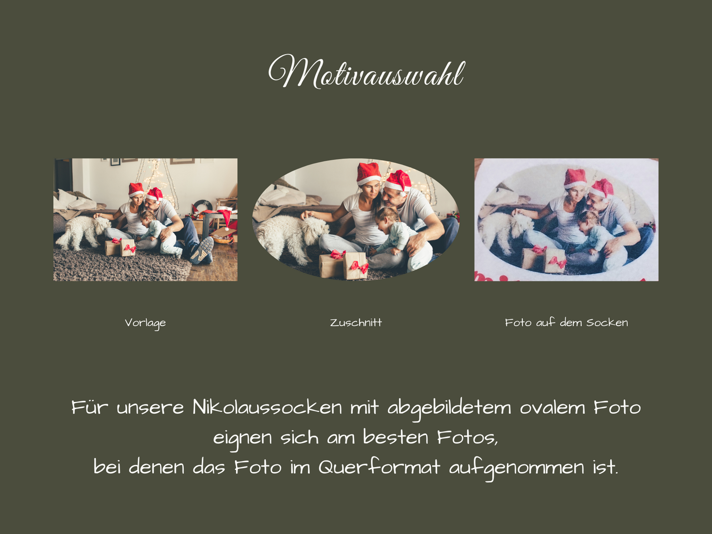 Eigenes ovales Foto auf Nikolaussocken in rot, grün oder braun mit weißer Stulpe