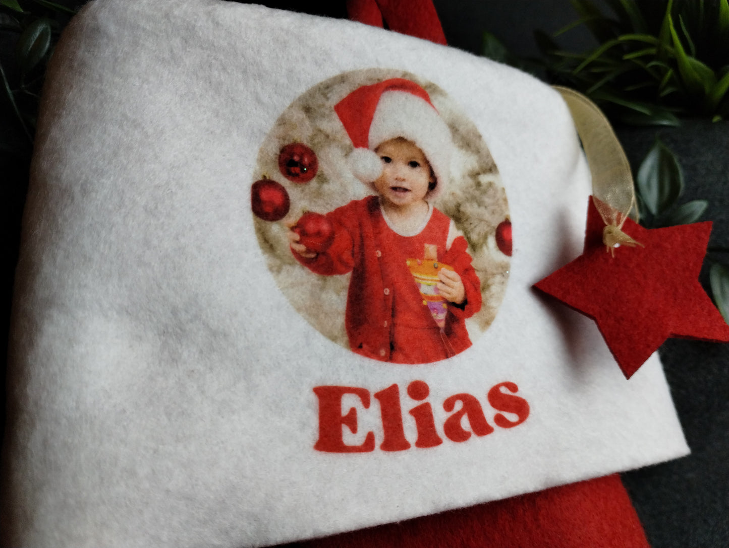 Eigenes Foto auf Nikolaussocken in rot, grün oder braun mit weißer Stulpe