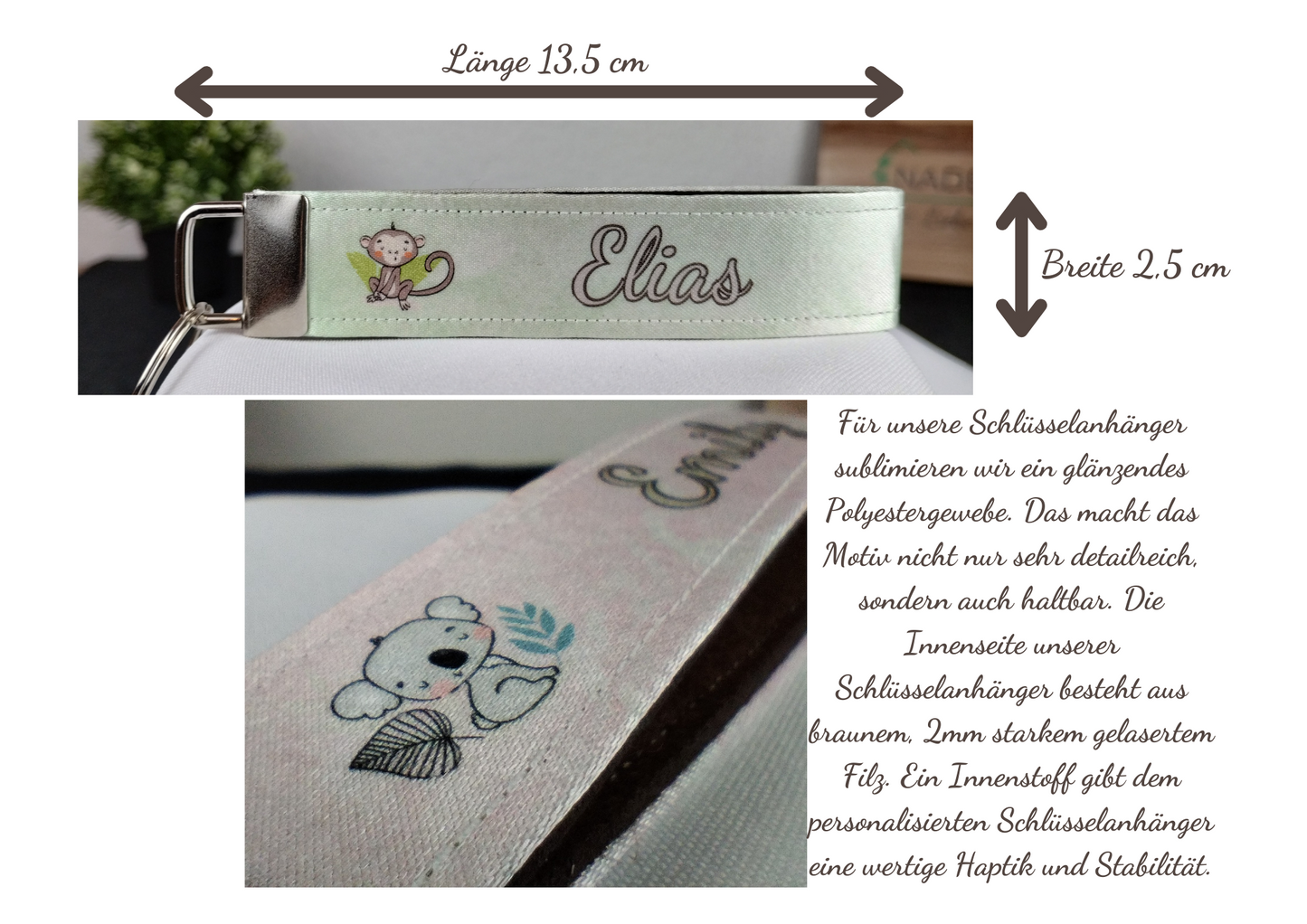 personalisierter Schlüsselanhänger mit niedlichen Dschungel Tiermotiven auf robustem, glänzendem Textil in vier verschiedenen Farben
