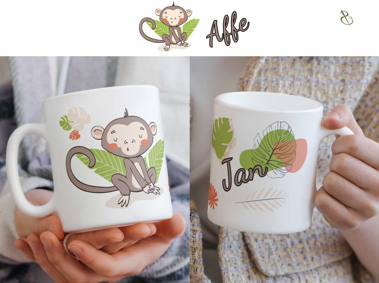 personalisierte Keramiktasse mit Affe als Motiv aus unserer Dschungeltierkollektion