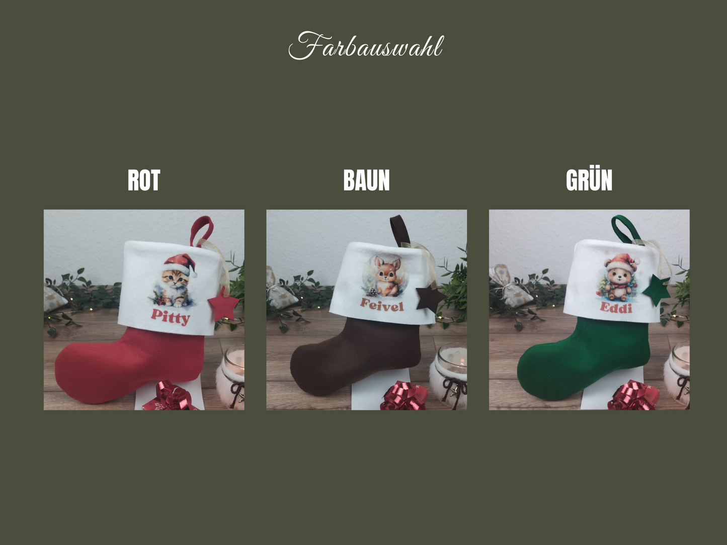 Eigenes Foto auf Nikolaussocken in rot, grün oder braun mit weißer Stulpe