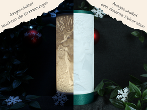 personalisierte Fotolampe mit glitzergrünem Deckel und Sockel