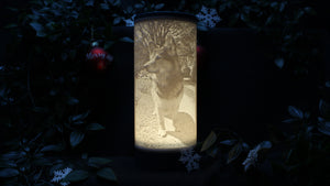 personalisierte Fotolampe mit pastellblauem Deckel und Sockel