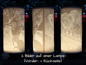 personalisierte Fotolampe mit pastellblauem Deckel und Sockel