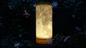 personalisierte Fotolampe mit pastellgelbem Deckel und Sockel