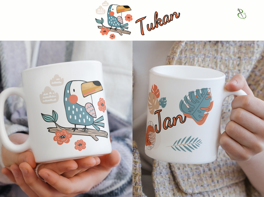 personalisierte Keramiktasse mit Tukan als Motiv aus unserer Dschungeltierkollektion