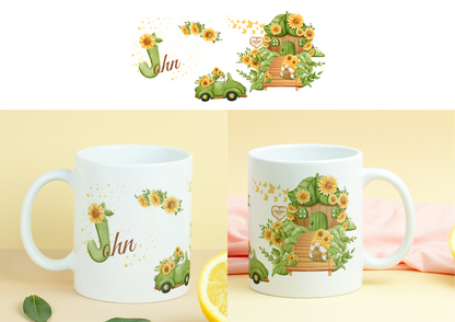 personalisierte Keramiktasse mit Gnomen und Sonnenblumenmotiven